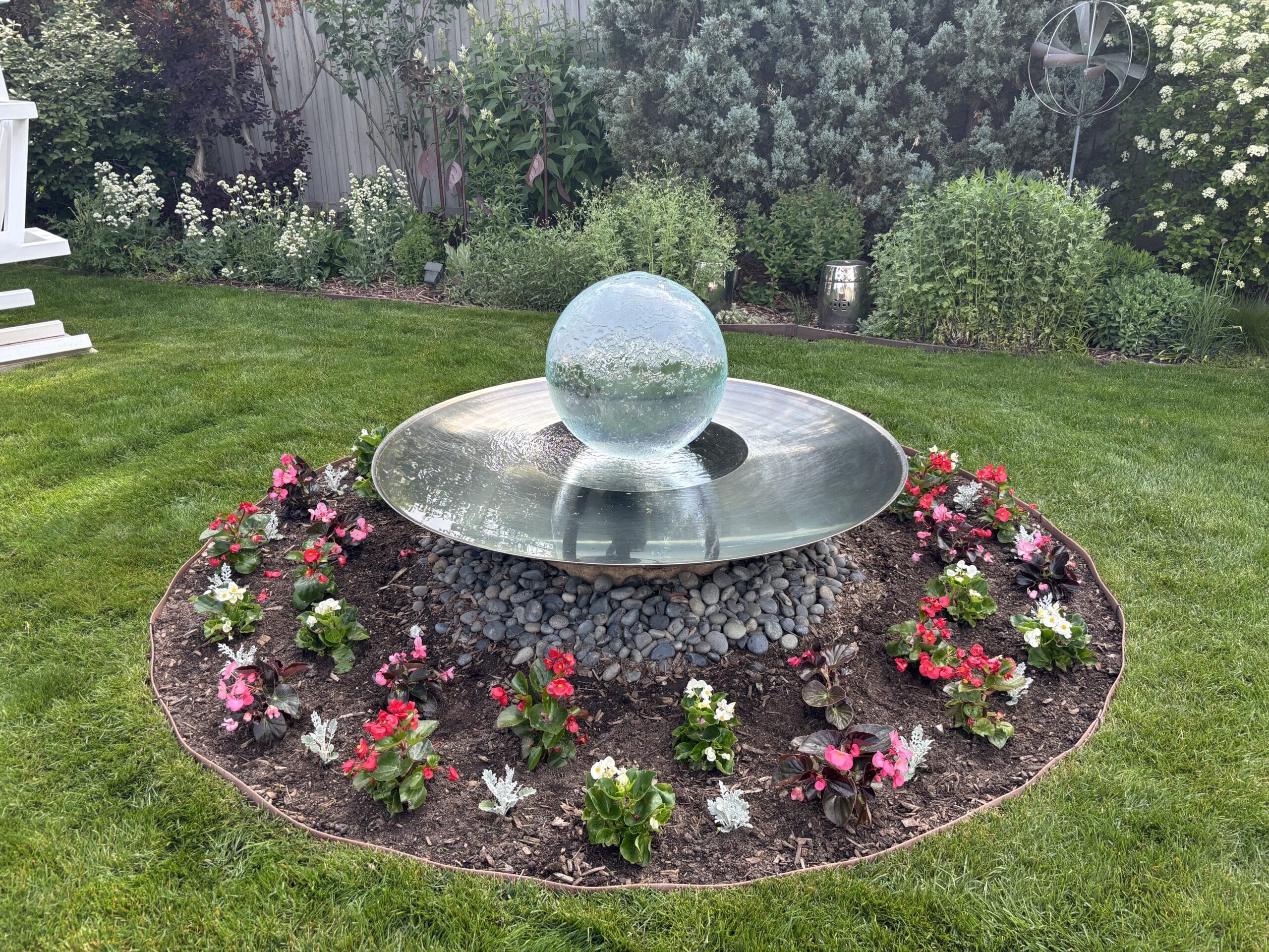 A fountain in the garden of Chad and Christopher for their Summer Garden Tour.