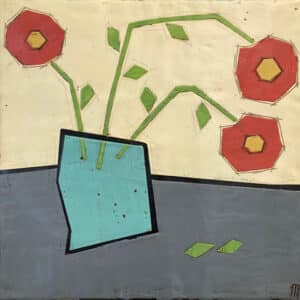A piece of art from the NKollectiv galleries featuring a blue vase with orange flowers.