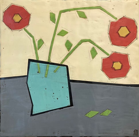 A piece of art from the NKollectiv galleries featuring a blue vase with orange flowers.