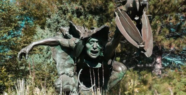 A statue of a witch at the Benson Sculpture Garden in loveland, CO.